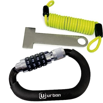 Image de URBAN UR140 Antivol Casque Moto, Mousqueton à Code 4 Chiffres Plus Sécurisé, Adaptateur T Boucle, Câble de Sécurité en Acier Tressé Visible, Accessoire Anti vol Universel pour Moto Velo