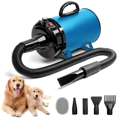 Image de Blanlody Sèche cheveux pour chien Très silencieux Moteur 5,2 CV / 3800 W Vitesse réglable Avec 4 buses différentes Tuyau élastique Bleu