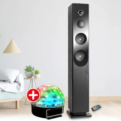Image de Tour de Son Blacktower Lecteur CD, Bluetooth, FM et USB, 100W, télécommande, Jeu lumière Boule LED, Colonne Chambre Salon