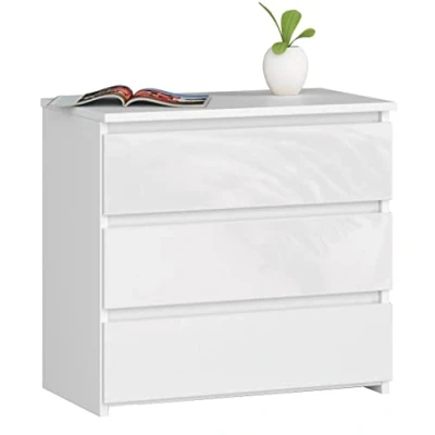 Image de AKORD Commode CL 3 avec tiroirs Classique pour La Chambre, Salon Meuble de Rangement L60 x H57 P35 cm Poids 26 kg Blanc/Blanc Brillant
