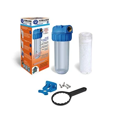 Image de filtre polyphosphates avec pierres de 1&quot;. Cartouche polyphosphate, porte filtre, support mural et clé filtre. Installation entretien faciles. Baguagua.