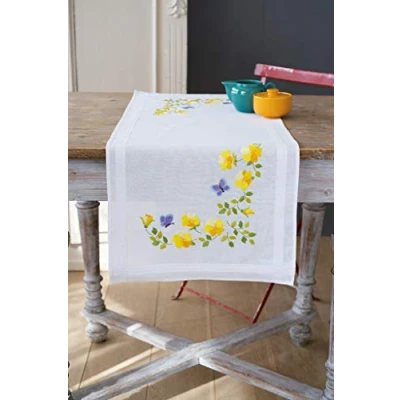 Image de Vervaco Bedruckter Tischläufer Frühlingsblumen, Stickbild vorgezeichnet Kit de Point Croix compté, Chemin Table, Coton, Blanc, 40 x 100 cm
