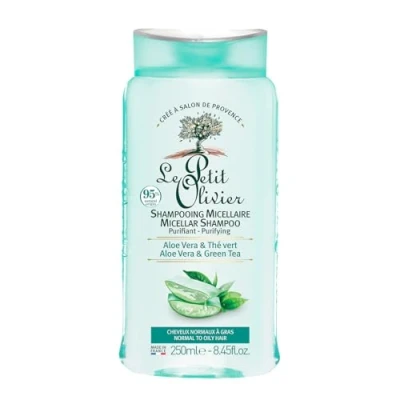 Image de LE PETIT OLIVIER Shampooing Micellaire Soin Purifiant Aloe Vera &amp; Thé Vert Purifie Allège Cheveux Normaux À Gras Sans Silicone/Sulfate Fabriqué en France 250 ml