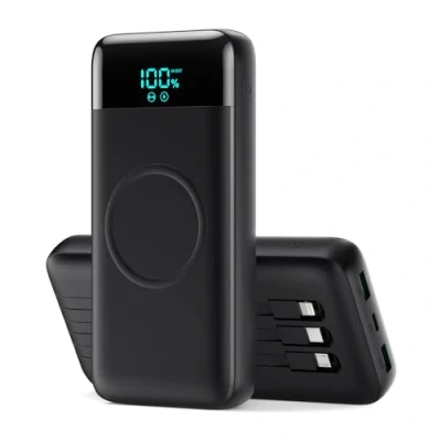 Image de Batterie Externe sans Fil 26800mAh avec 3 Câbles, 7 en 1 Power Bank Induction à Charge Rapide 25W PD3.0+QC4.0, Chargeur Portable Wireless 6 Sorties Compatible iPhone 16/15/14 Huawei Samsung Noir
