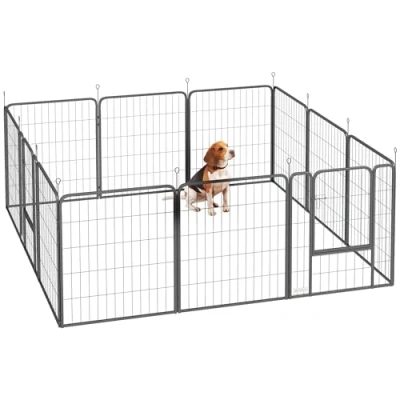 Image de Parc pour chien PawHut 12 panneaux modulable, pliable, portable avec porte intérieur et extérieur en acier 80H cm