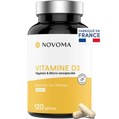 Image de NOVOMA Vitamine D3 2000 UI/j, D Naturelle Micro encapsulée Haute Absorption, Système Immunitaire, Santé des Os &amp; Muscles, Cure de 2 mois, 120 gélules, Fabriqué en France