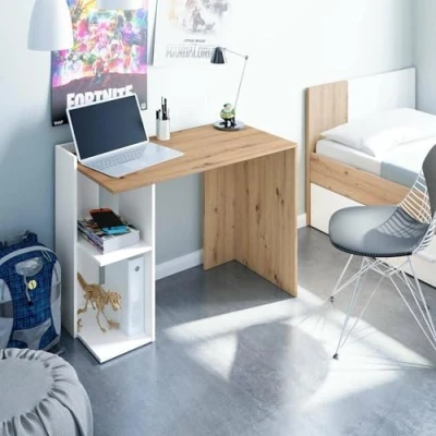 Image de Dmora d&#039;angle réversible Moderne Studio avec étagère, Table d&#039;ordinateur, Bureau PC, 98,5 x 50 77 cm, Blanc et chêne Noeuds
