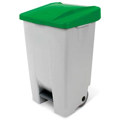 Image de Poubelle à pédale avec roulettes, capacité 80 litres, HxLxP 740 x 490 420 mm, gris corpus, couvercle vert