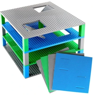 Image de Strictly Briks Lot de 4 plaques base à trappes/fentes 2 base/2 trappes et fentes/15 briques Stackers compatible avec les grandes marques bleu/vert/gris 25,4 x cm