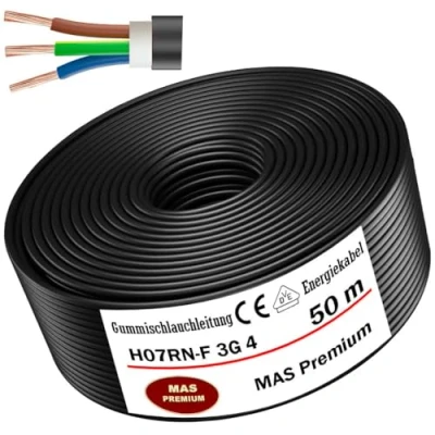 Image de MAS Premium Câble d&#039;alimentation en caoutchouc 5 100 m H07RN F 3G 1, 1,5, 2,5, 4, 6, 10 ou 3 x 1,5 flexible pour appareils lourds (H07RN 3G4 mm², 50 m)