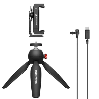 Image de Sennheiser XS Kit de micro cravate USB C pour portable, à clip omnidirectionnel avec pince smartphone et mini trépied Manfrotto PIXI, 509259