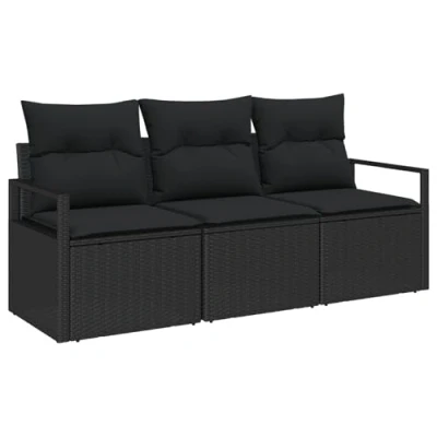 Image de vidaXL Ensemble de Canapé Jardin 3 Pièces avec Coussins Noir Poly Rattan, 2 Places Rattan