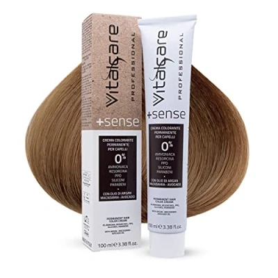 Image de Vitalcare +Sense Coloration Permanent Professionnel, crème colorante cheveux, sans amabaiture, résorcine, PPD, Siliconi Avec huile d&#039;Argan, Macadamia et Avocado, 8/00 Blond clair 100 ml