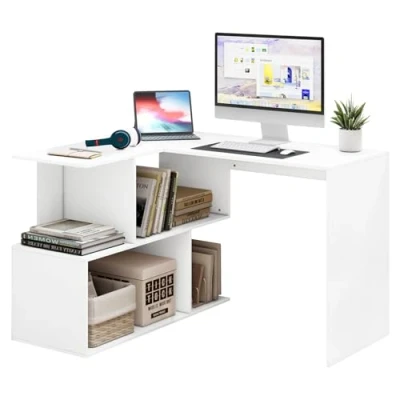 Image de WOLTU Bureau en L, d&#039;angle avec Rangement,120x100cm, Table de Blanc, d&#039;Ordinateur étagères, TS64ws
