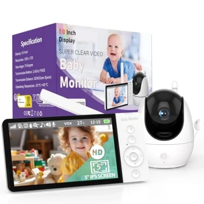 Image de OBVHNUA Babyphone Camera 5&quot; Video 720P Écran IPS 5000mAh Moniteur Bébé avec Pan Tilt 10X Zoom Enregistrement Vidéo Vision Nocturne Interphone 8 Berceuses 5 Réveil Température Temps