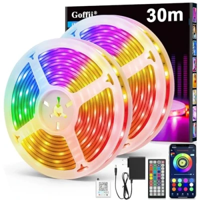 Image de Ruban LED, Led Chambre, RGB Bande Contrôlé par APP Bluetooth ou Télécommande 44 Touches, Synchroniser avec Rythme de Musique, Bandeau pour Decoration Gaming (30M)