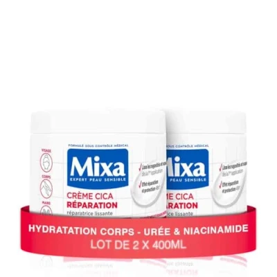 Image de Mixa Expert Peau Sensible Crème Cica Réparation Effet Longue Durée Peaux Très Sèches et Rugueuses Visage, Corps, Mains Hypoallergénique 400ml Lot de 2