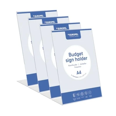 Image de présentoirs de table Europel Budget, lot 4 pièces, format L, DIN A4, polystyrène transparent 1,5 mm, pour menus et brochures restaurants, hôtels, conférences réceptions