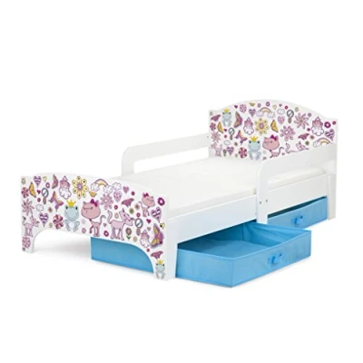 Image de Leomark Smart Moderne Lit d&#039;enfant Toddler 140x70 Blanche Simple avec Un Tiroir, pour Enfant Rangement et Matelas, Tiroir en Textile 2 Pièces
