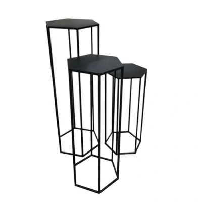 Image de HOME DECO FACTORY, Lot de 3 Tables Gigognes Hautes, en Métal Noir, 60x30x26 cm, Forme Hexagonale, Style Contemporain, Dimensions différentes, Sellette Console Décorative