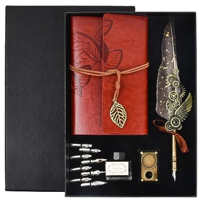 Image de volumoon stylo Dip à Plume Set, de Calligraphie Vintage, Ensemble d&#039;Oie avec Pen, 8 Pointes Rechange, Carnet, Porte et Encre Noire, pour Ecriture Dessin Cadeau