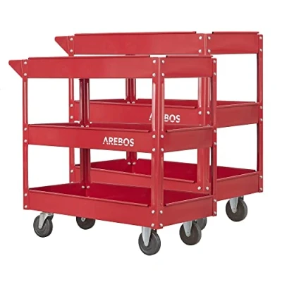 Image de Arebos Chariot Servante d’Atelier 2 pièces à Outil 3 Compartiments Capacité de Charge Jusqu’à 100 kg Rouge Acier