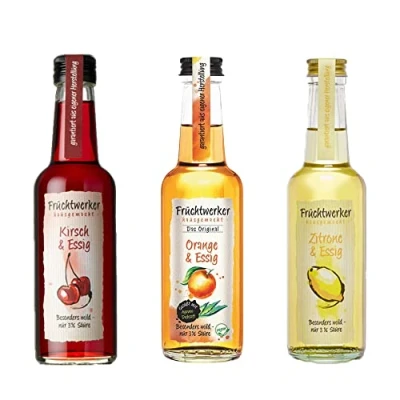 Image de Fruchtwerker Set vinaigre et fruits I Différentes variétés Fruité de Pur végétal Sucré Dans des bouteilles en verre (cerise + orange citron)