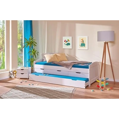 Image de Inter Link Lit gigogne Avec rangements tiroir banquette 2 couchages 90 x 200 cm 3 tiroirs de rangement Bois massif sommier Sans matelas Blanc Ulli