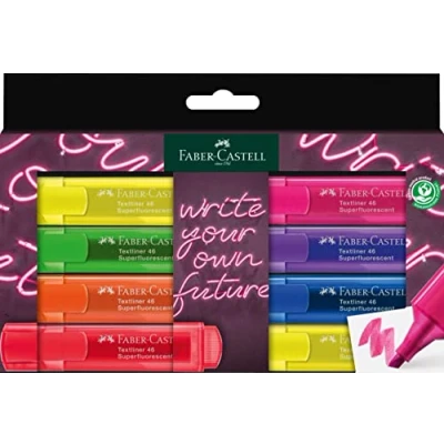 Image de Faber Castell 254601 Surligneur Set 46, étui de 8 pièces, couleurs néon, pointe biseautée longue durée, largeur trait 1 5 mm, rechargeable