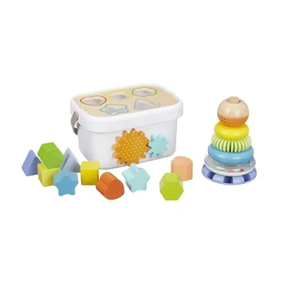 Image de Amazon Basics Ensemble de jeu classique Boîte à formes en bois et pyramide arc ciel, Multicolore