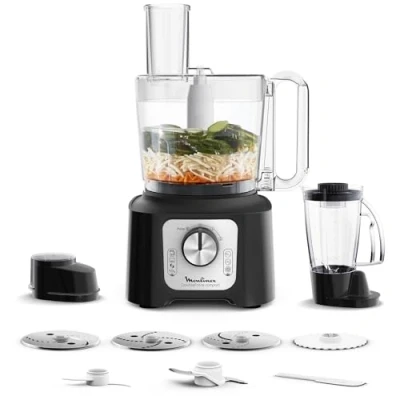 Image de Moulinex Double Force Compact Robot multifonction, Bol 3 L, Blender 1,25 6 options de vitesse, 9 accessoires inclus FP546811, Noir / Gris Foncé
