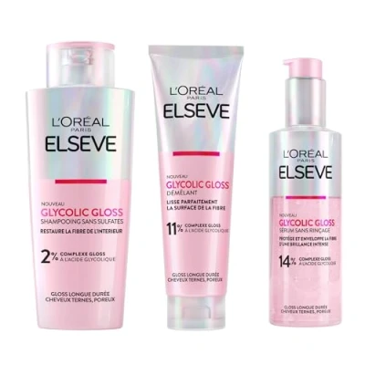 Image de L&#039;Oréal Paris Elvive Glycolic Gloss Après Shampooing 150ml + Shampoing 200ml Sérum Sans Rinçage Coffret pour Cheveux Ternes et Poreux Brillance Intense Longue Durée 3 Flacons