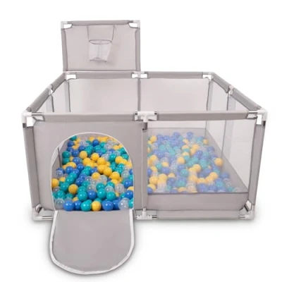 Image de Selonis Parc Bébé Avec 200 Balles Plastiques Aire De Jeu Pliable Basket, Gris:Bleu/Turquoise/Jaune/Transparent