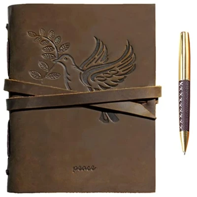 Image de Carnet De Voyage En Cuir Motif Colombe Fait Main A5 Style Vintage Pour Homme Et Femme 15,2 X 20,3 Cm Véritable Avec Papier Uni Notes Croquis + Stylo