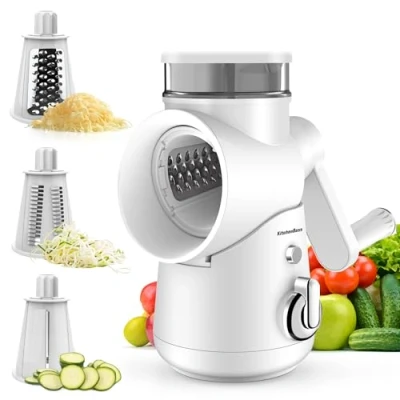 Image de KitchenBoss Rapeuse Legume Manuelle,Rape Fromage:Coupe Légumes Multifonctionnel 3 en 1,avec Manivelle et Lames de Rechange,peut être utilisé pour une large gamme Fruits Légumes,Blanc