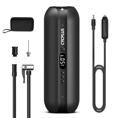 Image de CYCPLUS 2600mAh*3 Pompe à air I50PSI Compresseur électrique vélo Portable Mini Pneu avec lumière LED Batterie Li ION Rechargeable DC/AC 12V pour Tous Les vélos, Motos et Voitures.