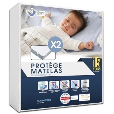 Image de Protege Matelas Bebe 60x120 cm Imperméable (Lot de 2) Oeko TEX par Dreamzie Alèse en Coton Respirant avec 4 Coins Elastiques
