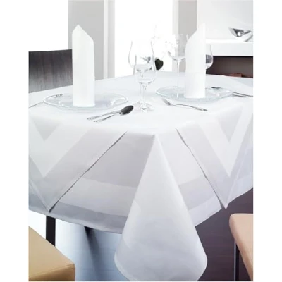Image de texpo Nappe damassée 140 x 320 cm, Blanche, avec Bordure satinée, Lavable à 95 C, Taille au Choix