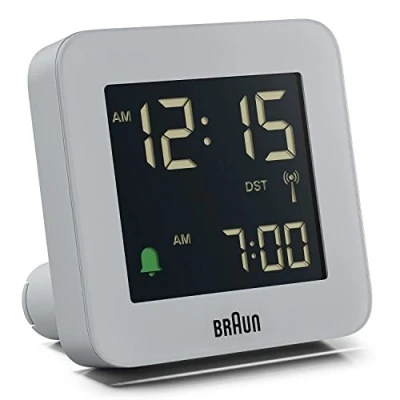 Image de Réveil numérique Braun radio piloté pour les fuseaux horaires d’Europe centrale (DCF) avec répétition (fonction Snooze), écran LCD, réglage rapide, bip de l’alarme en crescendo, modèle BC09G DCF gris.