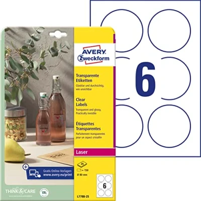 Image de AVERY Zweckform L7788 25 Lot de feuilles d&#039;étiquettes rondes transparentes (150 pastilles adhésives, Ø 80 mm sur A4, autocollants ronds, à imprimer, autocollantes, résistantes aux intempéries,