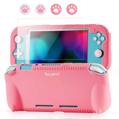 Image de Teyomi Coque pour Nintendo Switch Lite, Étui Lite avec Protection Écran Verre Trempé 4 Poignées Couvre Pouce Absorption des Chocs et Anti Rayures