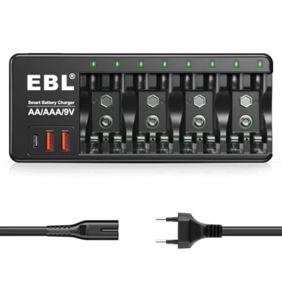 Image de EBL Chargeur de Piles Universel LED pour AA/ HR6, AAA/ HR3, 9V Rechargeables en Ni MH CD