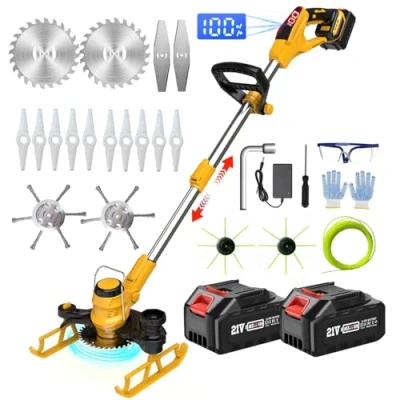 Image de Debrouissalleuses Batterie 21V, Coupe Bordure sans Fil 5 en 1 Debroussailleuse Electrique avec 2 Batterie, Brosse Désherbage et Roues Réglables pour Débroussaillage, Cour, Jardin, Yellow