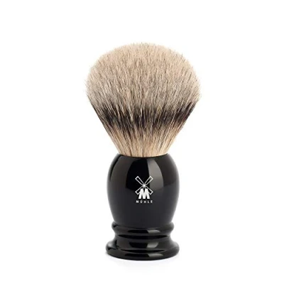 Image de MÜHLE Classic blaireau de rasage avec poils à pointe argentée Taille moyenne Manche en résine précieuse noire Fait main