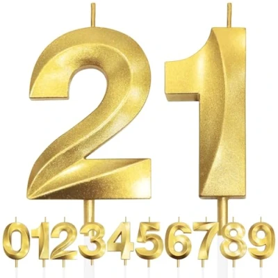 Image de 21st Bougie D&#039;anniversaire à Paillettes Dorées au Design 3D, Bougies Numérotées pour 90e, Décorations de Dessus Gâteau, Gâteau Fête D&#039;anniversaire, Anniversaire Mariage