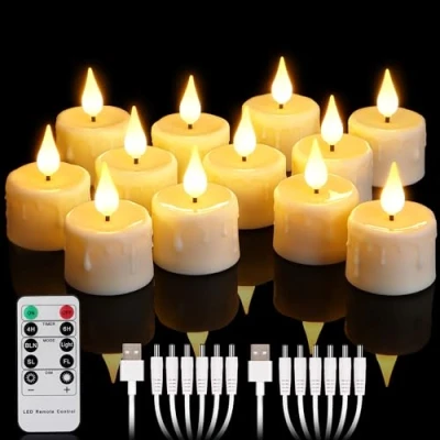 Image de yunsheng Lot de 12 bougies chauffe plat rechargeables avec télécommande et minuterie 4/6 h, LED vacillantes sans flamme 2 câbles USB, mèche en silicone 3D, lumière blanche chaude pour la