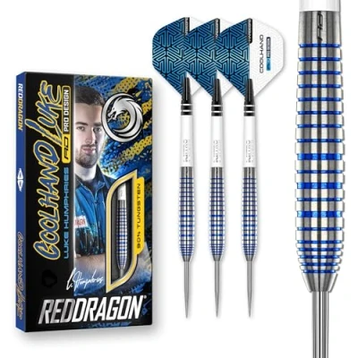 Image de RED DRAGON Luke Humphries TX3 Cool Blue SE Jeu de fléchettes en tungstène avec ailettes et tiges 24 g