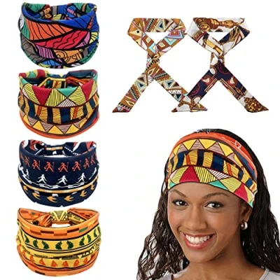 Image de Lot de 4 bandeaux africains avec 2 en soie Foulards bohémiens Imprimé rétro Bandeau extensible sport à large bord Accessoire cheveux tendance pour femme