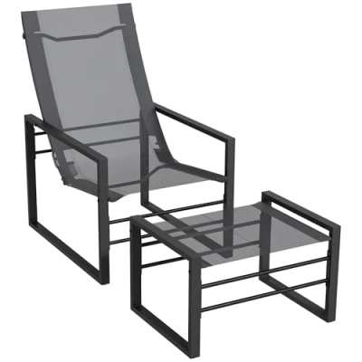Image de Outsunny Ensemble Fauteuil Relax de Jardin avec Repose Pieds, Chaise Longue, Structure métal et Tissu Mesh aéré Gris
