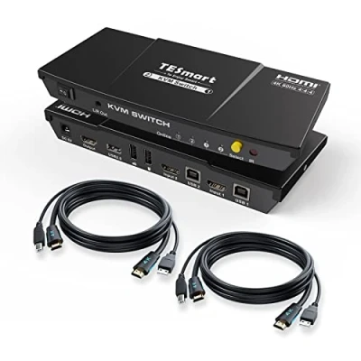 Image de TESmart HDMI KVM Switch 2 Port 4K@60Hz, 1 Moniteur Ordinateurs EDID Emulators, USB 2.0, L/R Audio, Hotkey Switch, Bouton avec Télécommande et Tous les Câbles